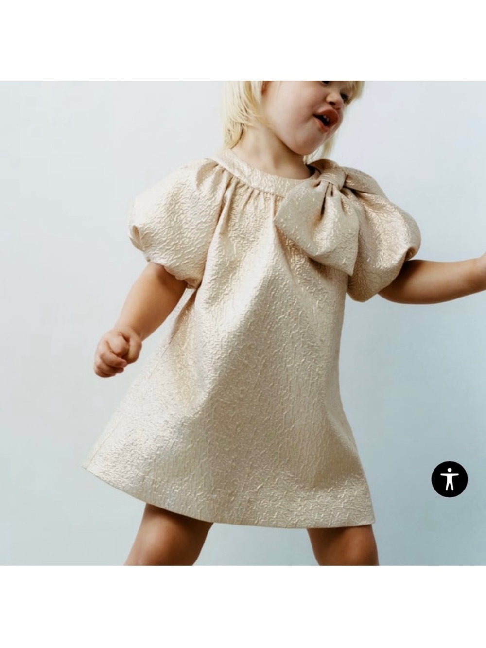 Badgley Mischka Metallic Gold Bow Puff-Sleeve Dress